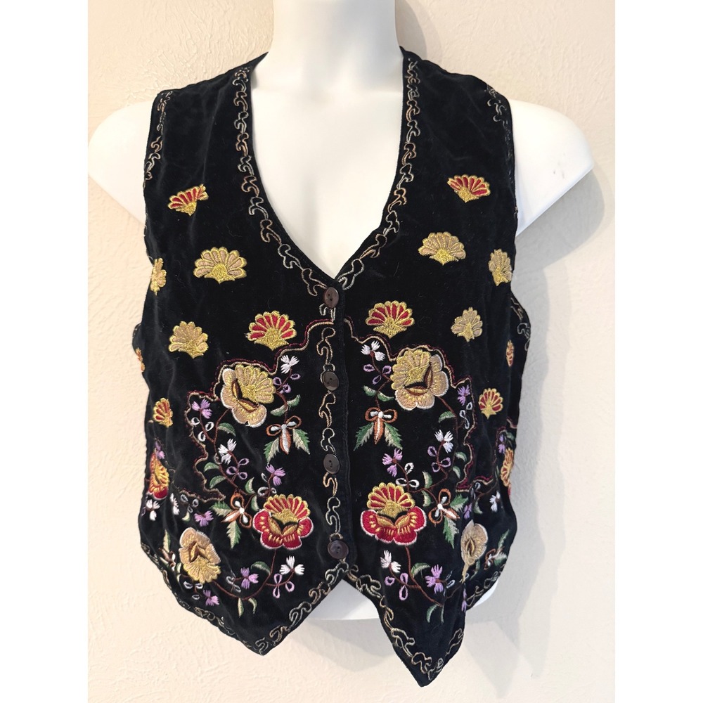 New Directions Black Velvet Floral Embroidered Button Front Vest Boho Women M